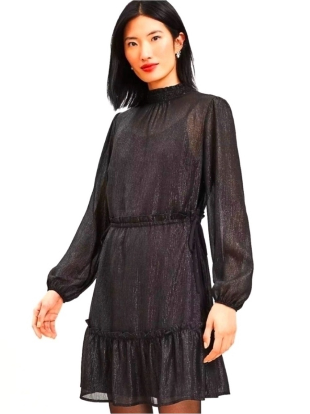 LOFT Black Metallic Long-Sleeve Ruffle Hem Dress